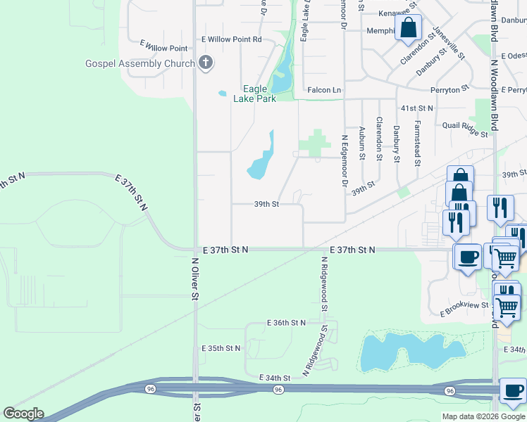 map of restaurants, bars, coffee shops, grocery stores, and more near 5117 E 39th St N in Bel Aire