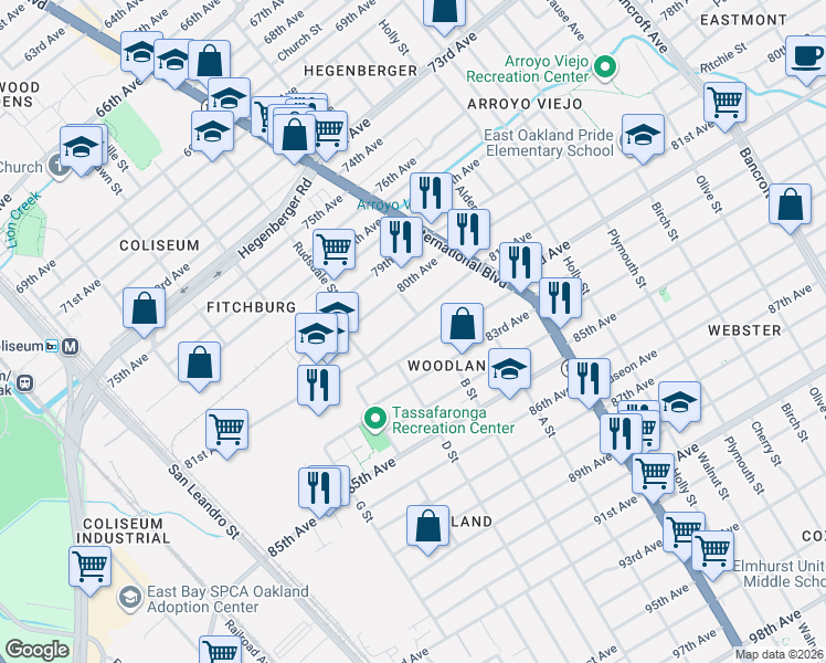 map of restaurants, bars, coffee shops, grocery stores, and more near 1150 82nd Avenue in Oakland