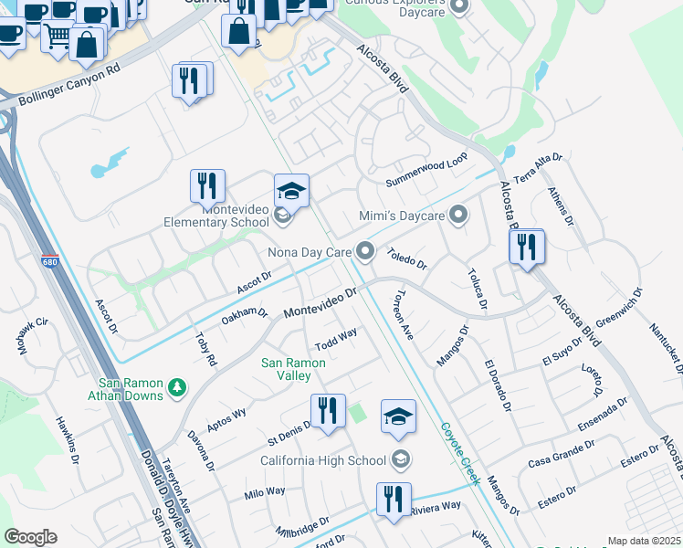 map of restaurants, bars, coffee shops, grocery stores, and more near 10034 Foxboro Circle in San Ramon