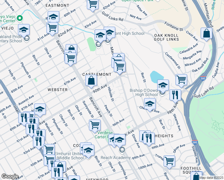 map of restaurants, bars, coffee shops, grocery stores, and more near 9207 Hillside Street in Oakland