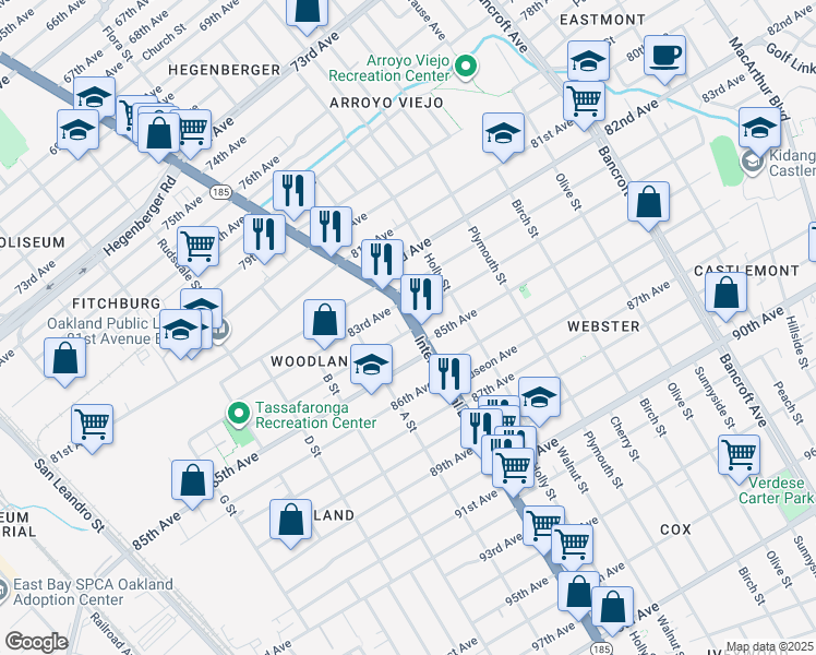 map of restaurants, bars, coffee shops, grocery stores, and more near 1351 85th Avenue in Oakland
