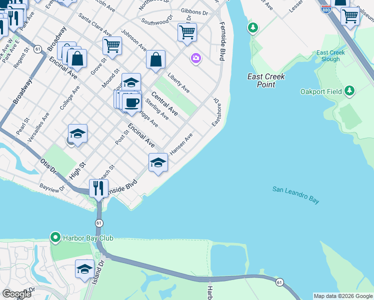 map of restaurants, bars, coffee shops, grocery stores, and more near 1320 Eastshore Drive in Alameda