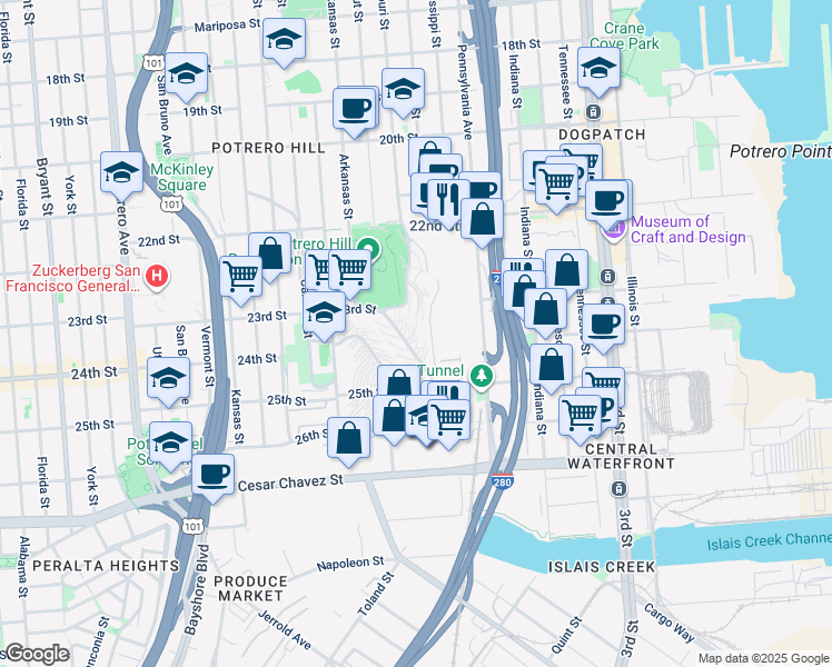map of restaurants, bars, coffee shops, grocery stores, and more near 129 Dakota Street in San Francisco