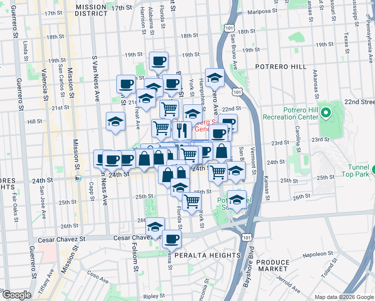 map of restaurants, bars, coffee shops, grocery stores, and more near in San Francisco