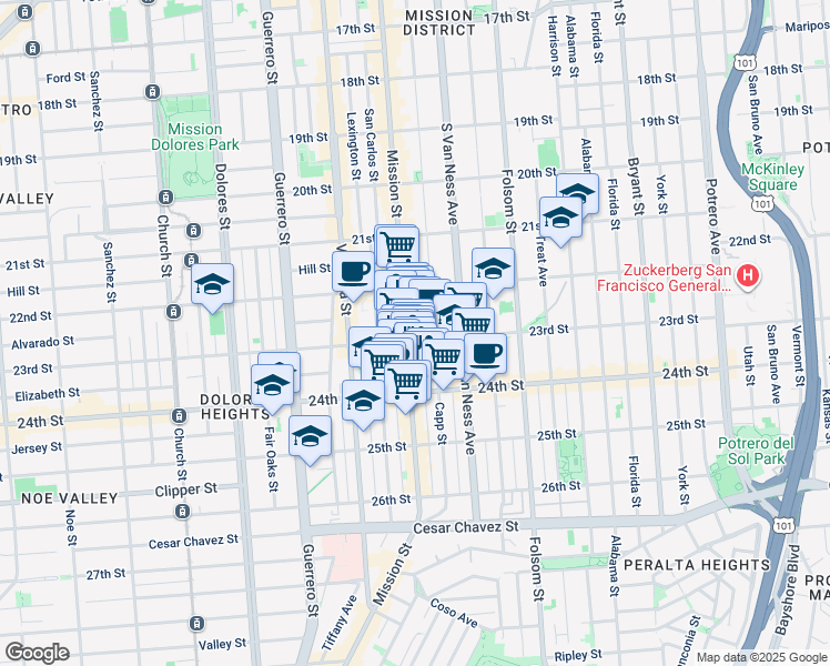 map of restaurants, bars, coffee shops, grocery stores, and more near 2738 Mission Street in San Francisco