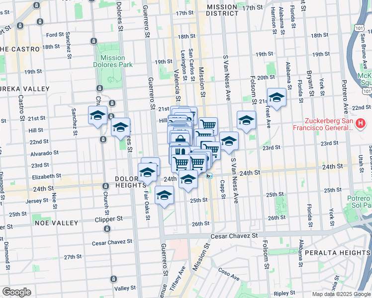 map of restaurants, bars, coffee shops, grocery stores, and more near 1184 Valencia Street in San Francisco