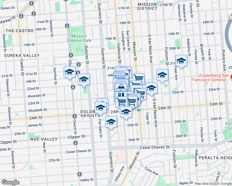 map of restaurants, bars, coffee shops, grocery stores, and more near 1184 Valencia Street in San Francisco