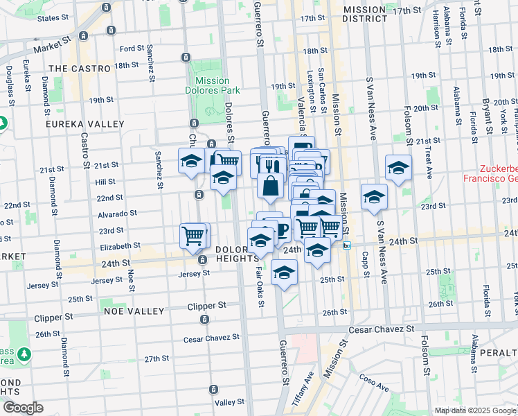 map of restaurants, bars, coffee shops, grocery stores, and more near 189 Fair Oaks Street in San Francisco