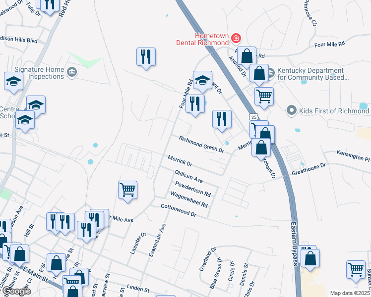 map of restaurants, bars, coffee shops, grocery stores, and more near 108 Richmond Green Drive in Richmond