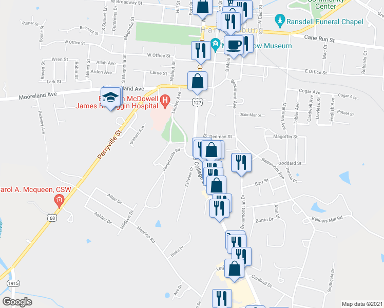 map of restaurants, bars, coffee shops, grocery stores, and more near 609 South College Street in Harrodsburg