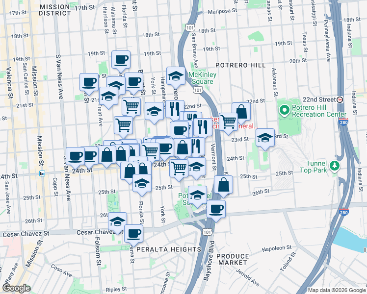 map of restaurants, bars, coffee shops, grocery stores, and more near 2704 24th Street in San Francisco