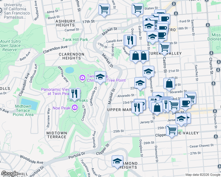 map of restaurants, bars, coffee shops, grocery stores, and more near 785 Corbett Avenue in San Francisco