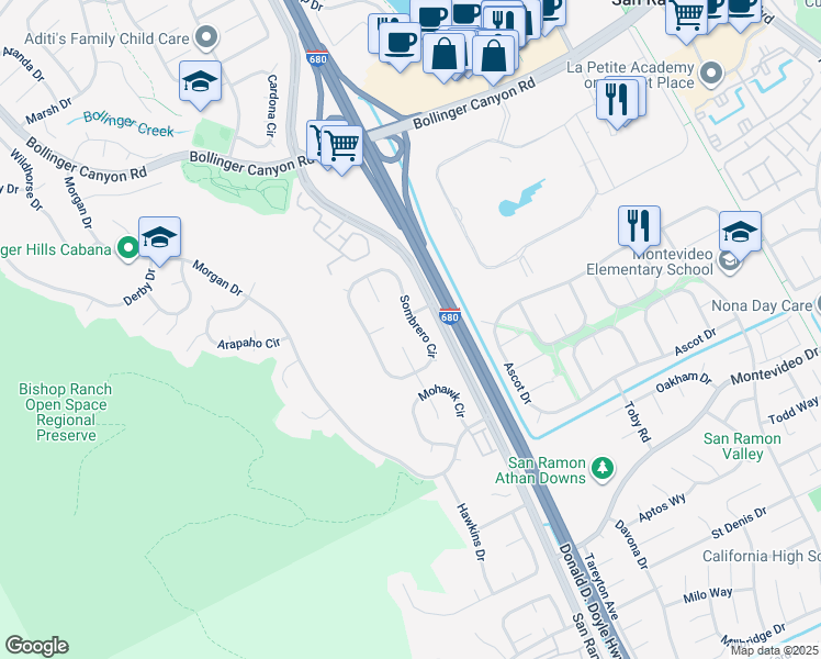 map of restaurants, bars, coffee shops, grocery stores, and more near 3127 Sombrero Circle in San Ramon