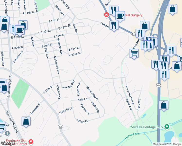 map of restaurants, bars, coffee shops, grocery stores, and more near 2636 Landing Terrace in Owensboro