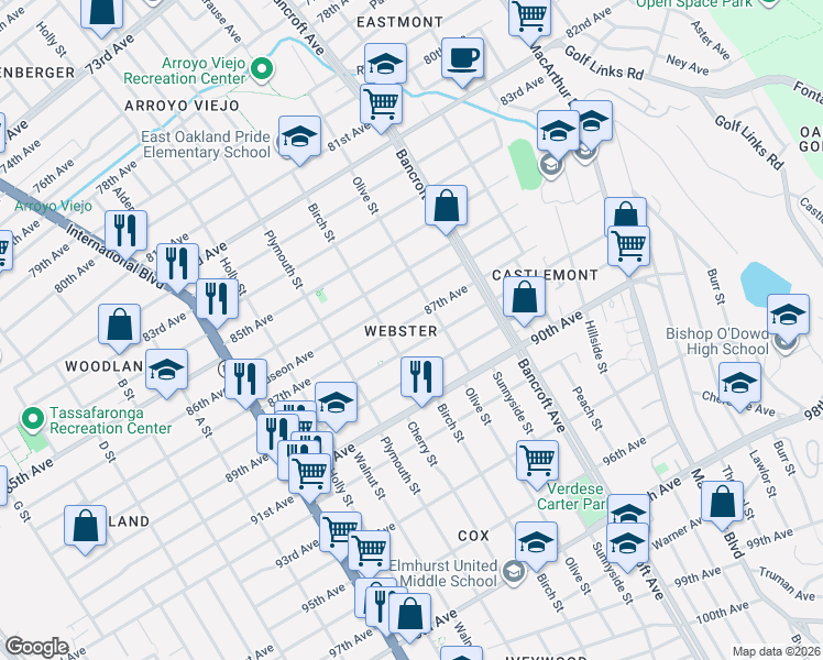 map of restaurants, bars, coffee shops, grocery stores, and more near 8729 Birch Street in Oakland