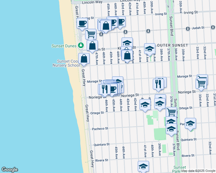 map of restaurants, bars, coffee shops, grocery stores, and more near 1776 46th Avenue in San Francisco