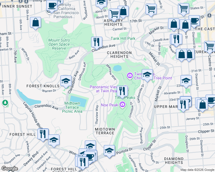 map of restaurants, bars, coffee shops, grocery stores, and more near 77 Aquavista Way in San Francisco