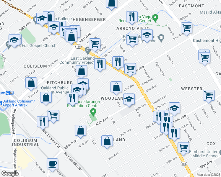 map of restaurants, bars, coffee shops, grocery stores, and more near 1229 82nd Avenue in Oakland