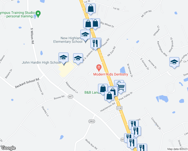 map of restaurants, bars, coffee shops, grocery stores, and more near 109-115 Cambridge Circle in Elizabethtown