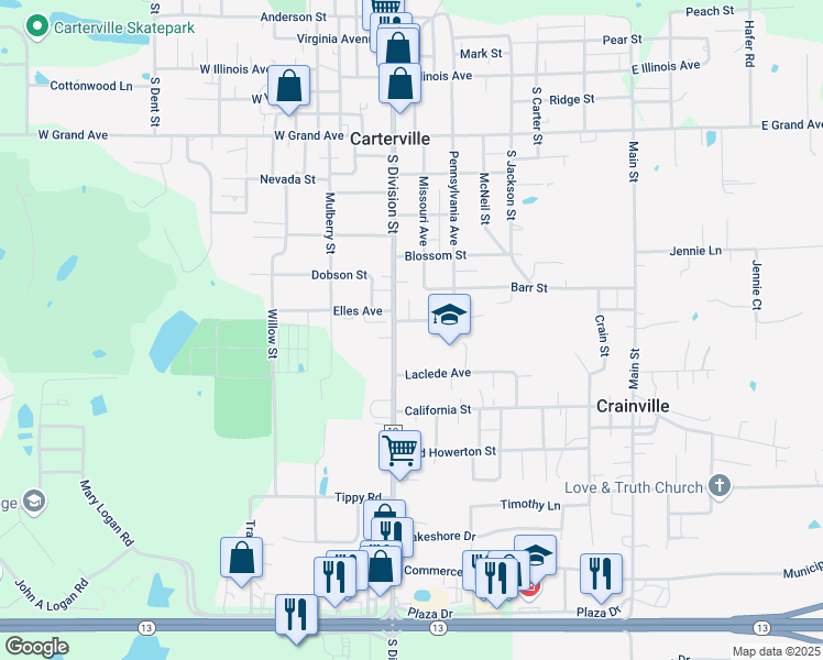 map of restaurants, bars, coffee shops, grocery stores, and more near 104 Laclede Avenue in Carterville
