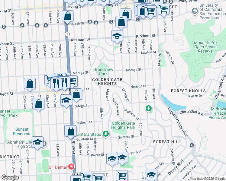 map of restaurants, bars, coffee shops, grocery stores, and more near 1865 Funston Avenue in San Francisco