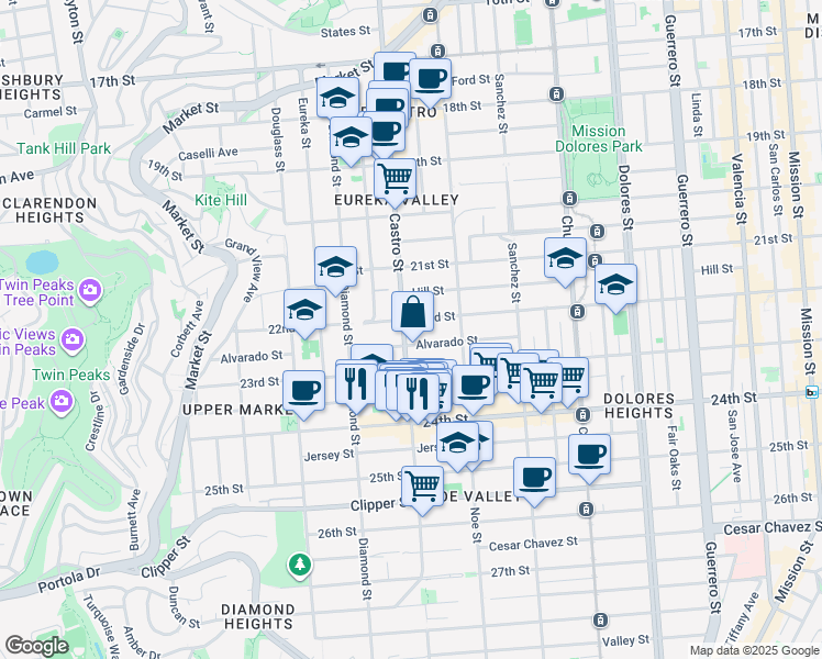 map of restaurants, bars, coffee shops, grocery stores, and more near 921 Castro Street in San Francisco