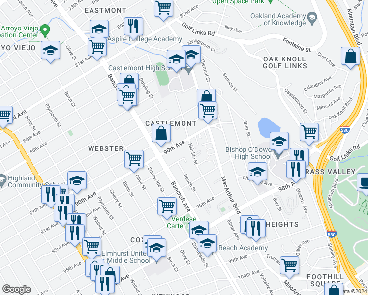 map of restaurants, bars, coffee shops, grocery stores, and more near 9207 Hillside Street in Oakland