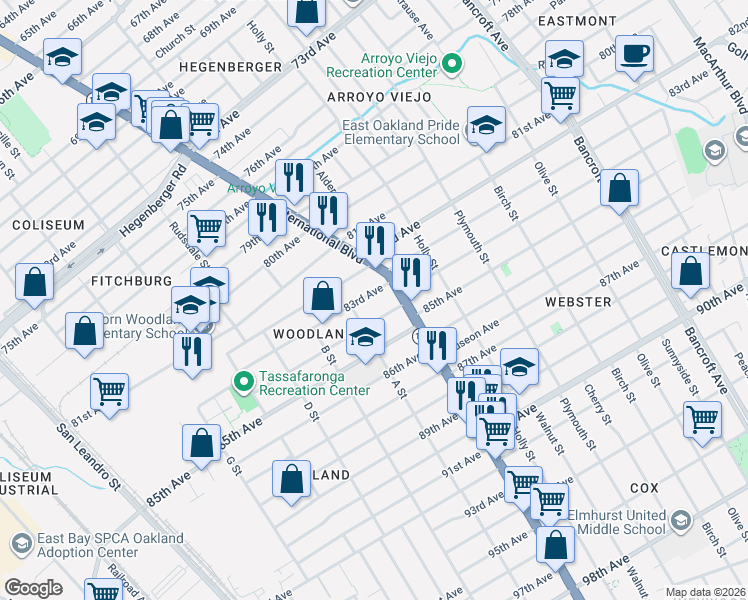 map of restaurants, bars, coffee shops, grocery stores, and more near 8334 A Street in Oakland