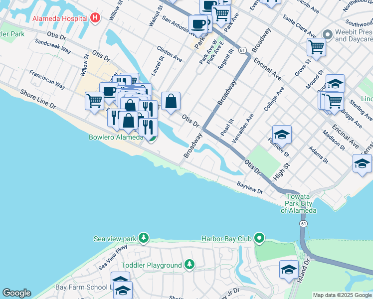 map of restaurants, bars, coffee shops, grocery stores, and more near 301 Broadway in Alameda