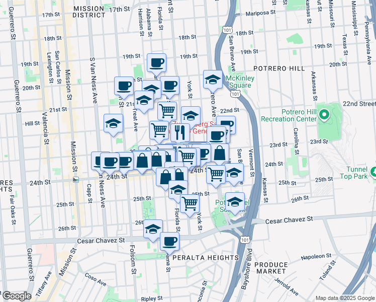 map of restaurants, bars, coffee shops, grocery stores, and more near in San Francisco