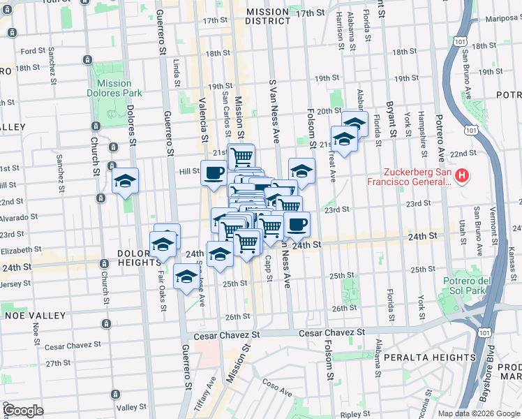 map of restaurants, bars, coffee shops, grocery stores, and more near 2738 Mission Street in San Francisco
