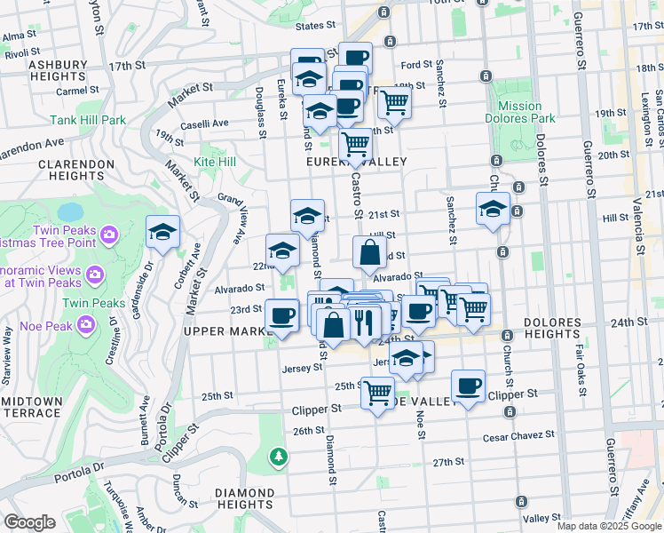 map of restaurants, bars, coffee shops, grocery stores, and more near 681 Alvarado Street in San Francisco