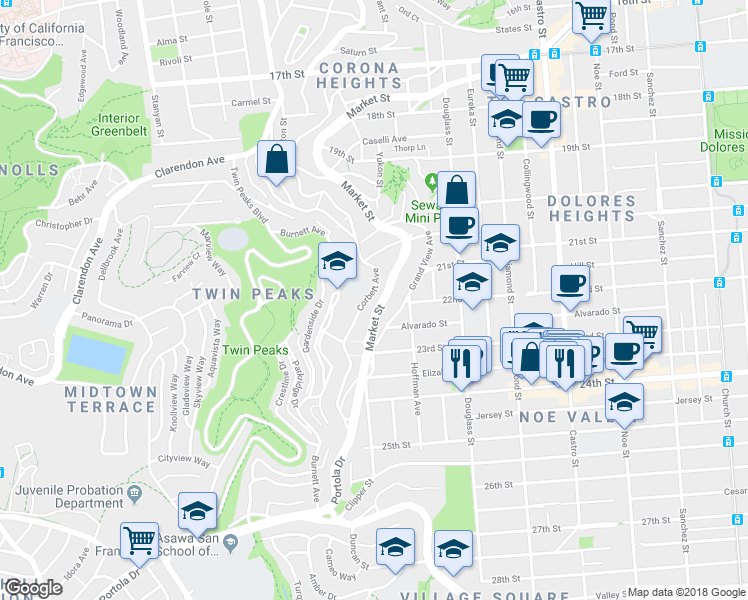 map of restaurants, bars, coffee shops, grocery stores, and more near 296 Grand View Avenue in San Francisco