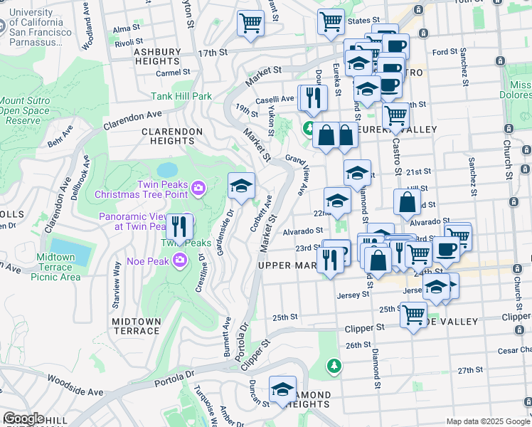 map of restaurants, bars, coffee shops, grocery stores, and more near 296 Grand View Avenue in San Francisco
