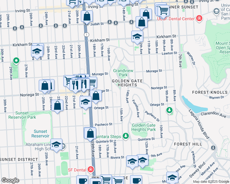map of restaurants, bars, coffee shops, grocery stores, and more near 1849 16th Avenue in San Francisco