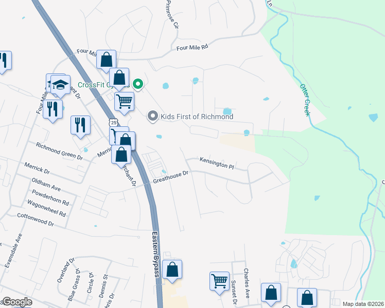 map of restaurants, bars, coffee shops, grocery stores, and more near 108 Kensington Place in Richmond