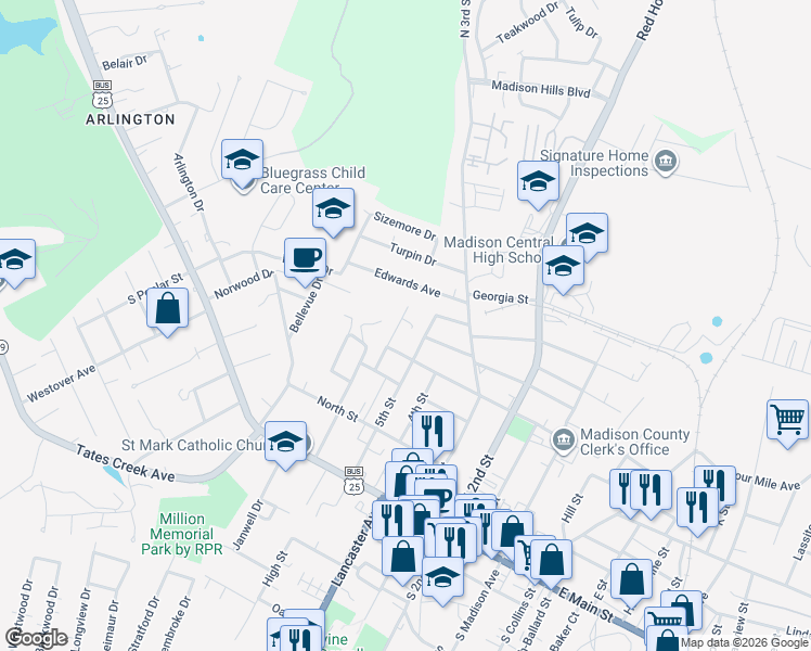 map of restaurants, bars, coffee shops, grocery stores, and more near 401 Laurel Street in Richmond