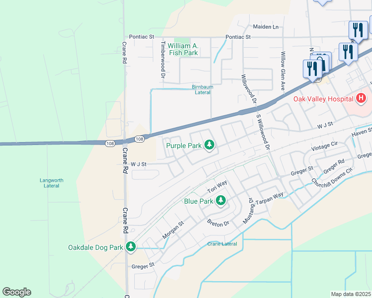 map of restaurants, bars, coffee shops, grocery stores, and more near 363 Merlot Drive in Oakdale
