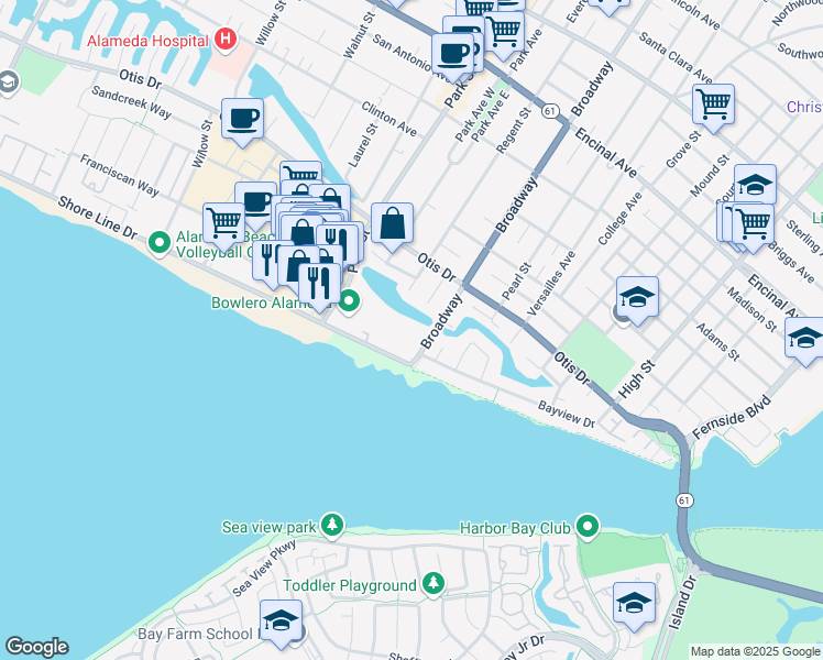 map of restaurants, bars, coffee shops, grocery stores, and more near 339 Broadway in Alameda