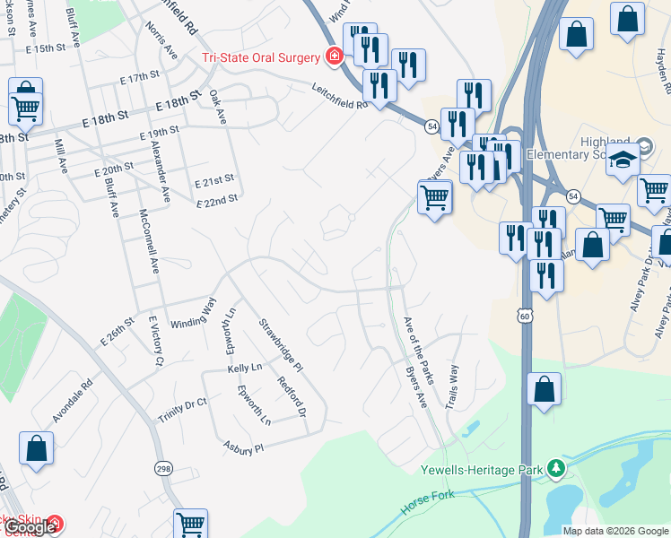 map of restaurants, bars, coffee shops, grocery stores, and more near East 26th Street in Owensboro