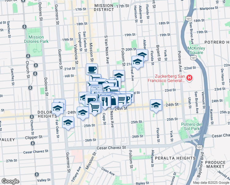 map of restaurants, bars, coffee shops, grocery stores, and more near 1218 South Van Ness Avenue in San Francisco