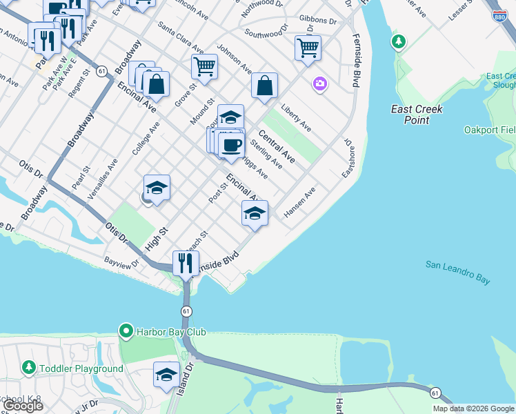map of restaurants, bars, coffee shops, grocery stores, and more near 3274 Encinal Avenue in Alameda