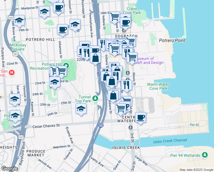 map of restaurants, bars, coffee shops, grocery stores, and more near 1200 Indiana Street in San Francisco