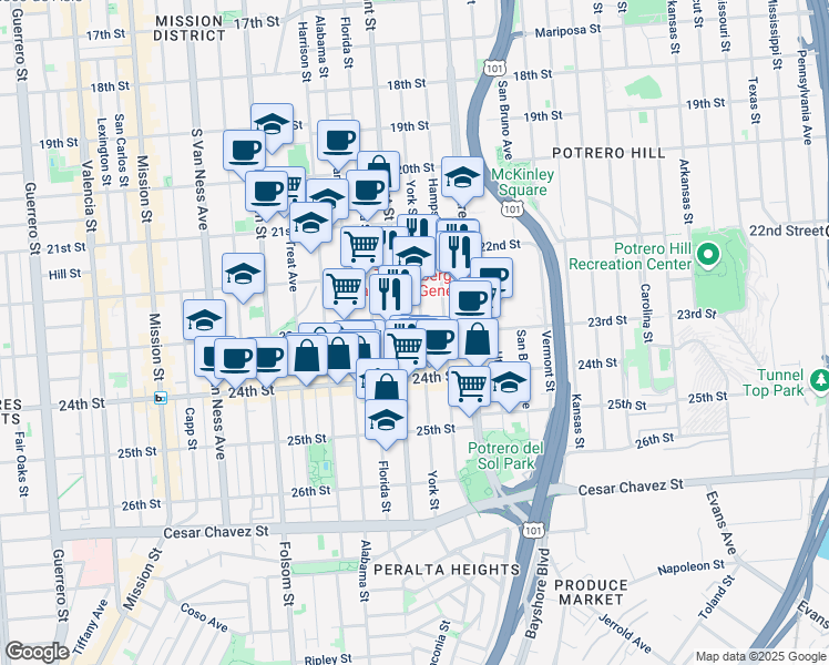map of restaurants, bars, coffee shops, grocery stores, and more near in San Francisco