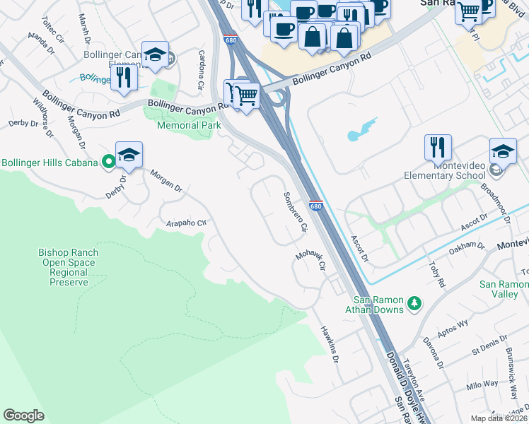 map of restaurants, bars, coffee shops, grocery stores, and more near 51 Trailview Court in San Ramon