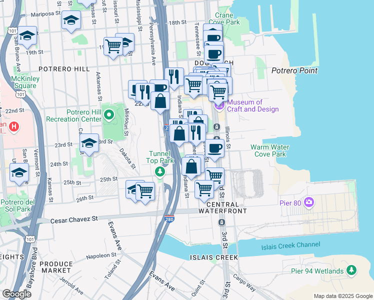 map of restaurants, bars, coffee shops, grocery stores, and more near 1200 Indiana Street in San Francisco
