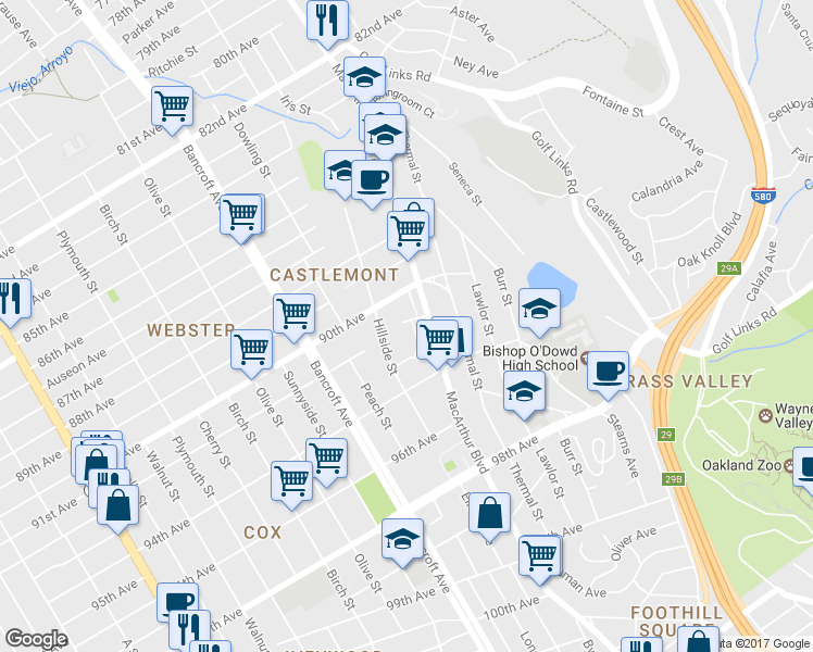 map of restaurants, bars, coffee shops, grocery stores, and more near 2438 Savannah Court in Oakland