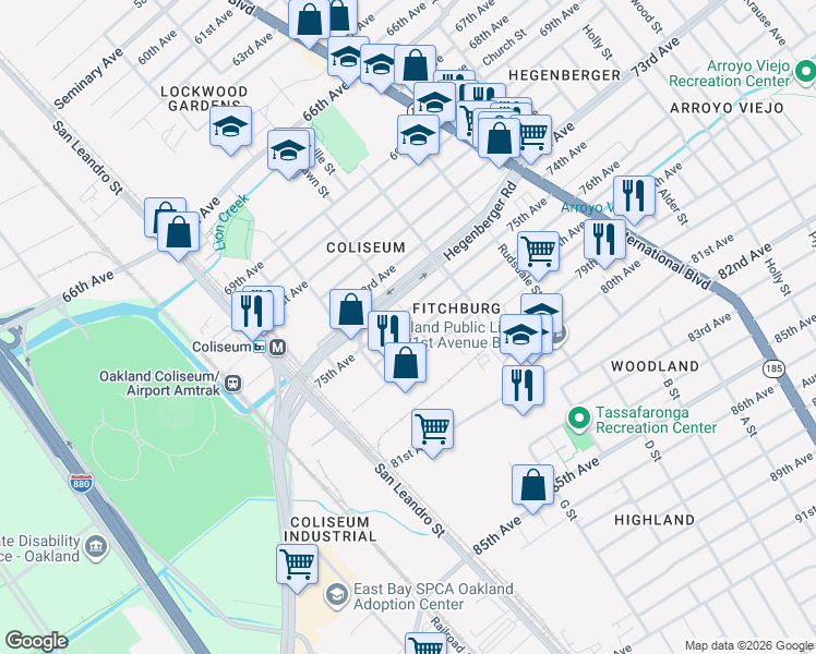 map of restaurants, bars, coffee shops, grocery stores, and more near 1001 75th Avenue in Oakland