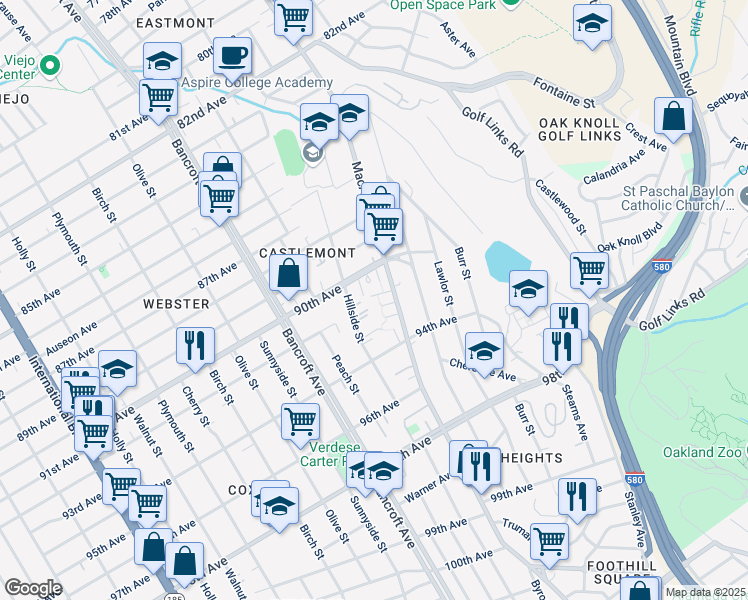 map of restaurants, bars, coffee shops, grocery stores, and more near 2438 Savannah Court in Oakland