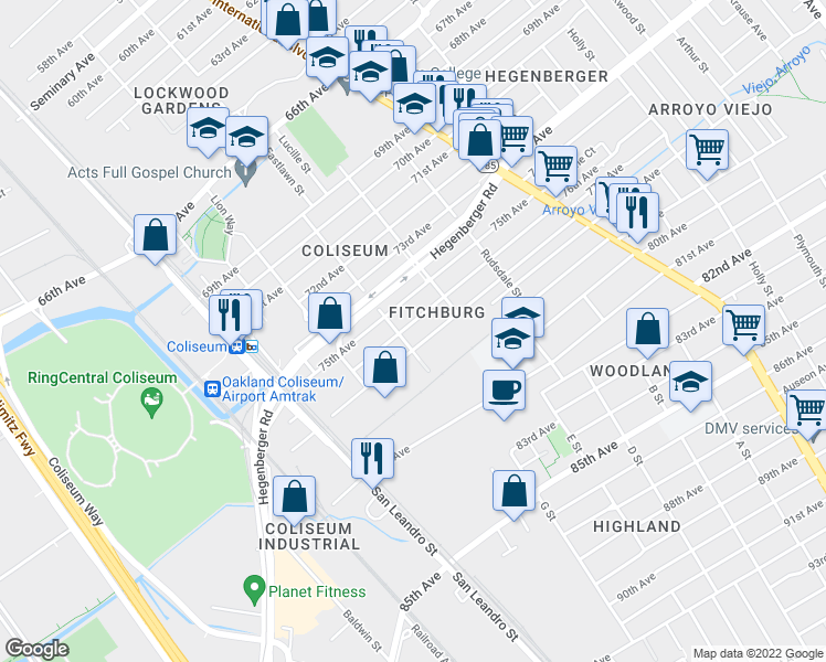 map of restaurants, bars, coffee shops, grocery stores, and more near 1057 76th Avenue in Oakland